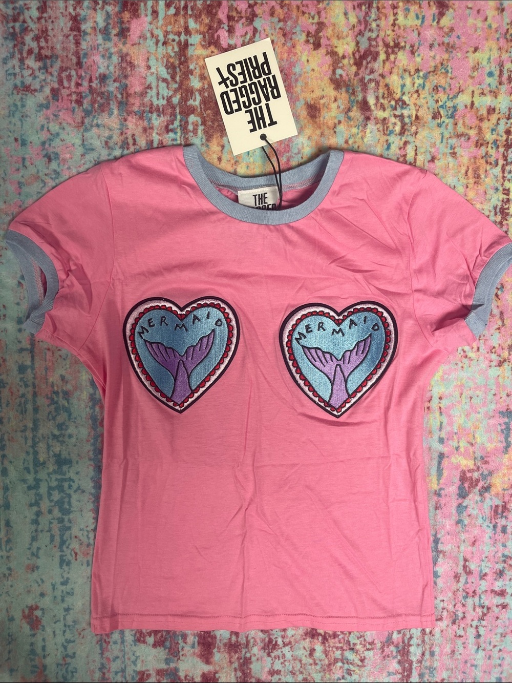 The Ragged Priest Pink Ringer Tee with Mermaid Heart Patches